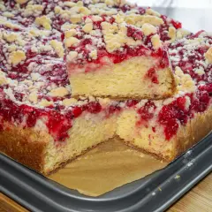 Puszyste ciasto drożdżowe z malinami i kruszonką na dużą blachę. Idealny prosty przepis na domowe wypieki.