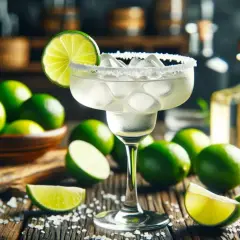 Idealny margarita przepis: orzeźwiający drink z lodem, solą i limonką, obok butelka tequili i miska świeżych limonek.