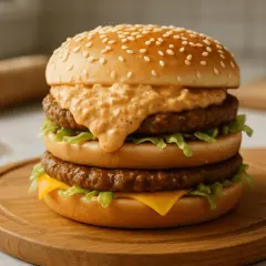 Podwójny burger z dwoma kotletami wołowymi, sałatą, serem i charakterystycznym sosem Big Mac, na drewnianej desce.