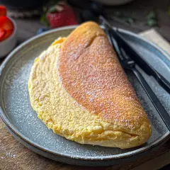 Puszysty omlet z piekarnika, lekko oprószony cukrem pudrem, czeka na talerzu obok czarnych sztućców. W tle widać miseczkę z truskawkami.