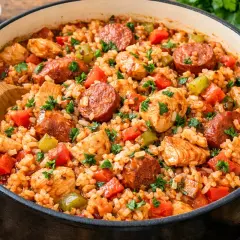 Aksamitne jambalaya z kurczakiem, kiełbasą i warzywami, posypane natką pietruszki, w czarnym naczyniu.