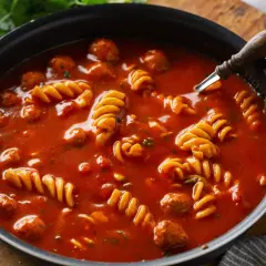 Gęsty, pomidorowy sos do potrawki z klopsikami i makaronem fusilli w czarnej patelni.