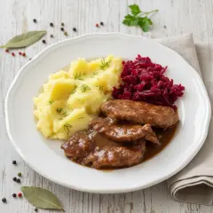 Bitki wieprzowe w sosie własnym z cebulką, podane z purée ziemniaczanym i buraczkami. Pyszny, domowy obiad.