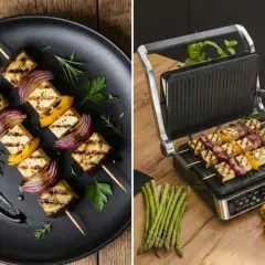 Pyszne warzywa na grilla: szaszłyki z bakłażana, tofu, cebuli i papryki, gotowe do podania lub w trakcie grillowania.