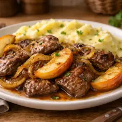 Pyszna wątróbka z jabłkiem i cebulką, podana z purée ziemniaczanym. Danie posypane natką pietruszki.