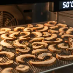 Suszone grzyby na siatce w piekarniku. Cyfrowy wyświetlacz pokazuje 50°C, co sugeruje idealną temperaturę, w jakiej suszyć grzyby, by zachowały aromat.
