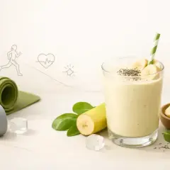 Idealny koktajl bananowy po treningu. Obok leżą hantle i mata do ćwiczeń.