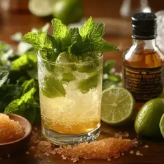 Orzeźwiający mojito z miętą, limonką i cukrem. Obok buteleczka rumu i lód.