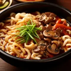 Pyszny makaron udon z wołowiną, grzybami i szczypiorkiem. Idealny przepis na szybki obiad.