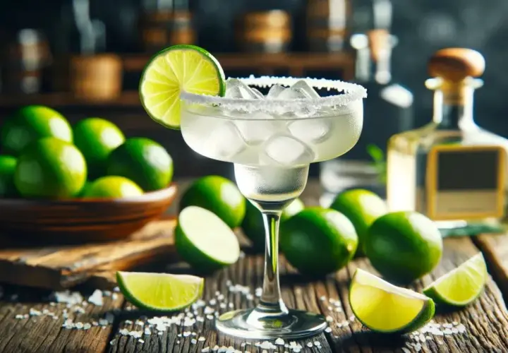 Idealny margarita przepis: orzeźwiający drink z lodem, solą i limonką, obok butelka tequili i miska świeżych limonek.