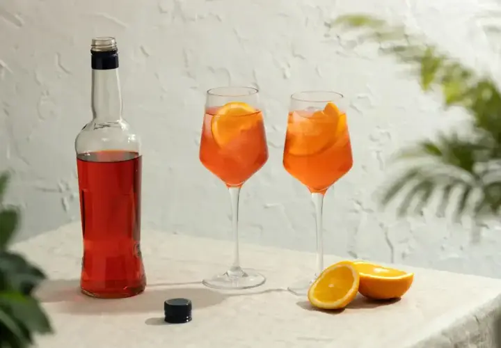 Butelka Aperolu i dwa drinki z pomarańczą, idealne na lato. Poznaj prosty aperol przepis!