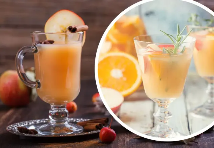 Orzeźwiający mocktail z jabłek i pomarańczy, ozdobiony cynamonem i rozmarynem, idealny na jesienne popołudnie.