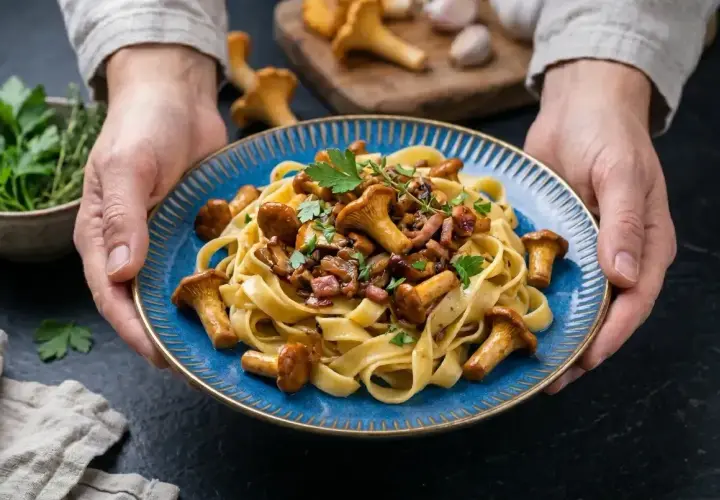 Pyszny makaron tagliatelle z kurkami i kawałkami boczku, udekorowany natką pietruszki. Danie podane na niebieskim talerzu.