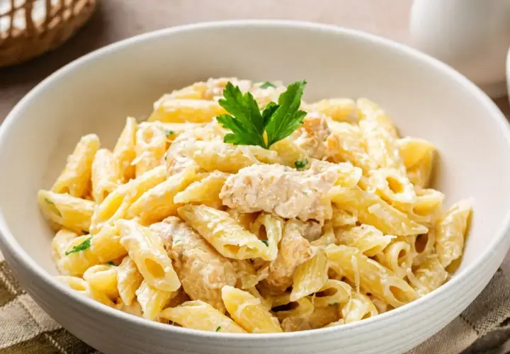 Penne z kurczakiem w kremowym sosie, udekorowane natką pietruszki. Pyszne danie, które zadowoli każdego miłośnika włoskich smaków.