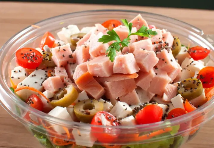 Pyszna, lekka sałatka z wędzonym kurczakiem, pomidorkami koktajlowymi, oliwkami i serem feta, posypana nasionami chia.