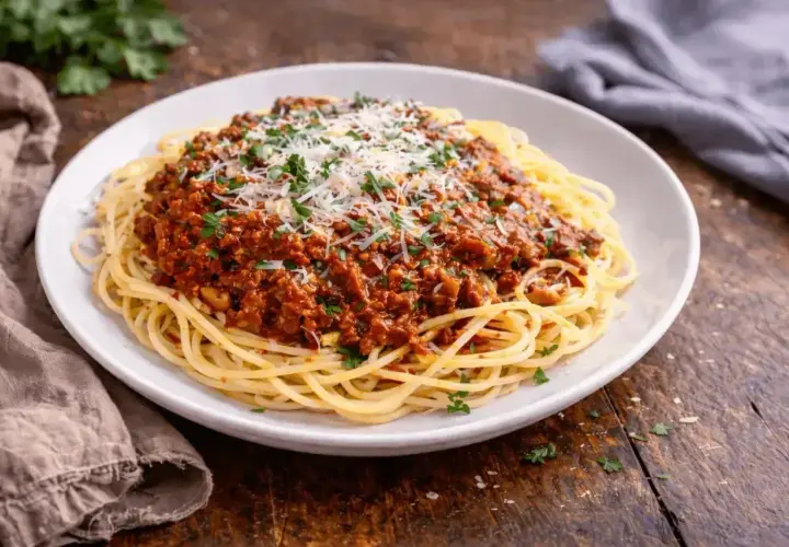 Pyszny sos do spaghetti przepis na talerzu, posypany parmezanem i natką pietruszki. Idealny na szybki obiad.