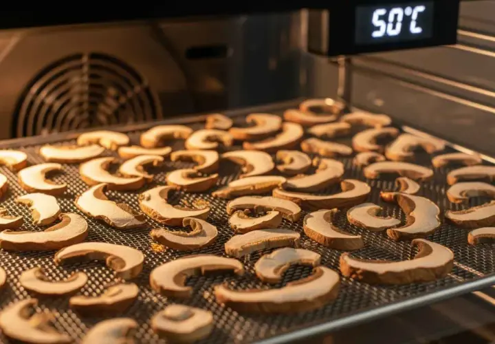 Suszone grzyby na siatce w piekarniku. Cyfrowy wyświetlacz pokazuje 50°C, co sugeruje idealną temperaturę, w jakiej suszyć grzyby, by zachowały aromat.