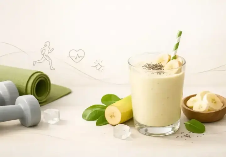 Idealny koktajl bananowy po treningu. Obok leżą hantle i mata do ćwiczeń.