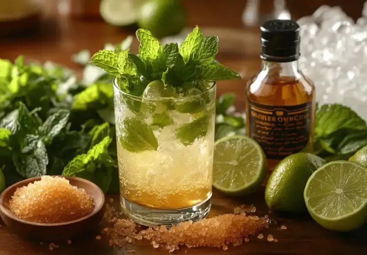 Orzeźwiający mojito z miętą, limonką i cukrem. Obok buteleczka rumu i lód.