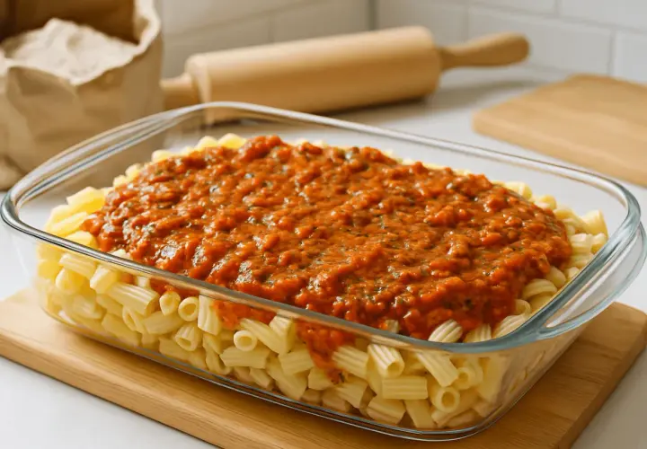 Pyszny, domowy sos do zapiekanki makaronowej w szklanym naczyniu, gotowy do pieczenia.