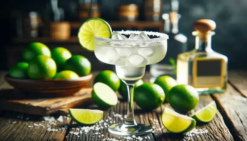 Idealny margarita przepis: orzeźwiający drink z lodem, solą i limonką, obok butelka tequili i miska świeżych limonek.