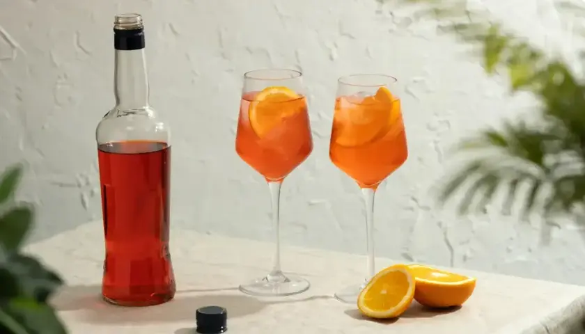 Butelka Aperolu i dwa drinki z pomarańczą, idealne na lato. Poznaj prosty aperol przepis!