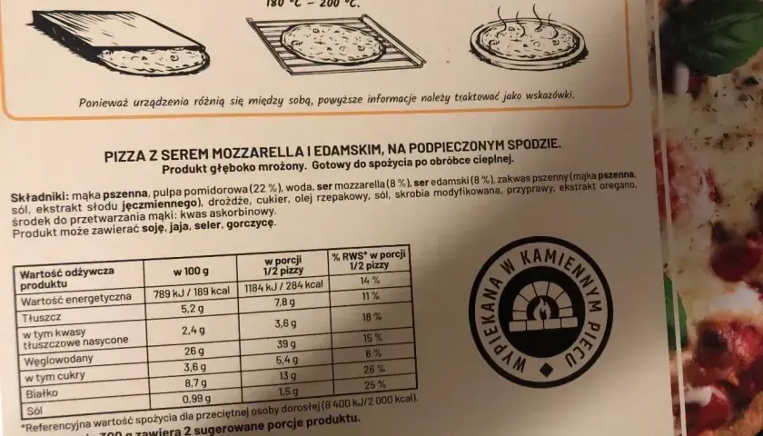 Jak długo piec pizzę Giuseppe? Instrukcja mówi: 10 minut w 180-200°C, do roztopienia sera i zarumienienia ciasta.