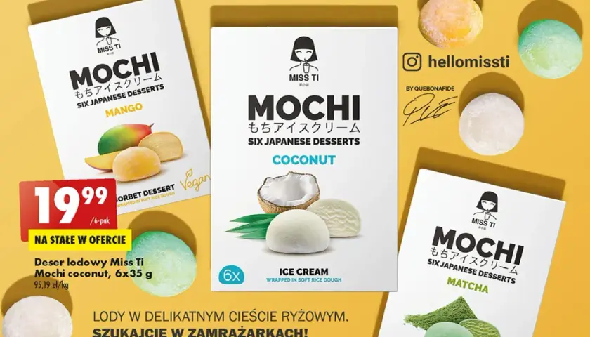 Desery mochi Miss Ti: mango, kokos, matcha. Niskokaloryczna galaretka kcal w delikatnym cieście ryżowym.