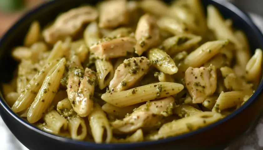 Penne z kurczakiem w sosie pesto, danie pełne smaku i aromatu.