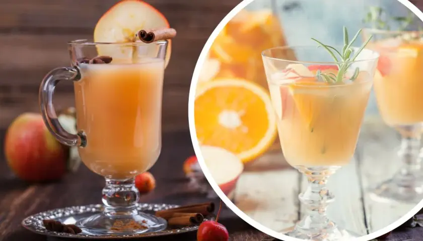 Orzeźwiający mocktail z jabłek i pomarańczy, ozdobiony cynamonem i rozmarynem, idealny na jesienne popołudnie.