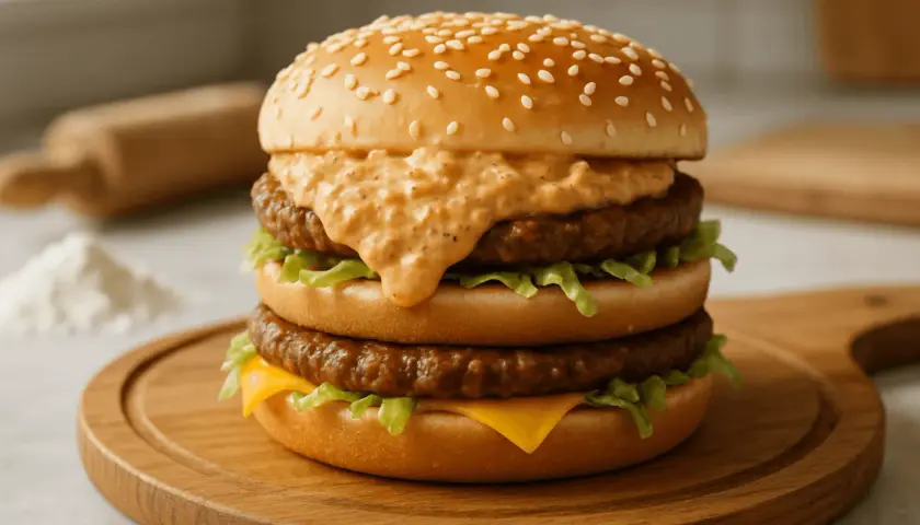 Podwójny burger z dwoma kotletami wołowymi, sałatą, serem i charakterystycznym sosem Big Mac, na drewnianej desce.