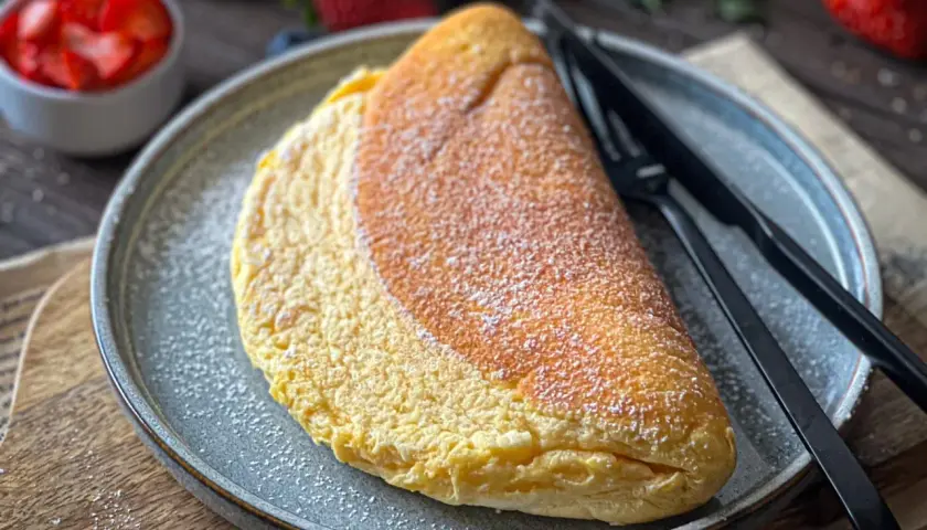 Puszysty omlet z piekarnika, lekko oprószony cukrem pudrem, czeka na talerzu obok czarnych sztućców. W tle widać miseczkę z truskawkami.