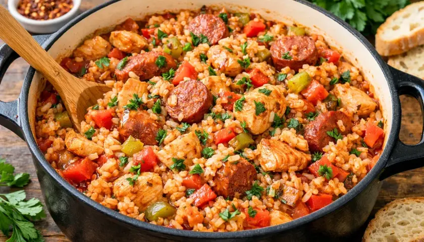 Aksamitne jambalaya z kurczakiem, kiełbasą i warzywami, posypane natką pietruszki, w czarnym naczyniu.
