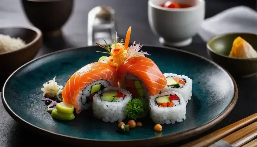Wykwintne rolki sushi z łososiem, awokado i warzywami na turkusowym talerzu. Idealne, gdy masz ochotę na sushi.