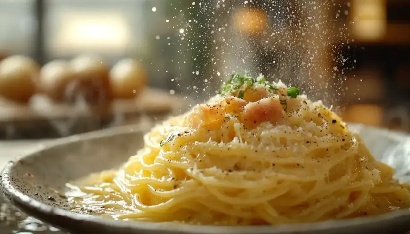 Spaghetti carbonara – oryginalny przepis ze śmietaną, posypane parmezanem i pieprzem. Pyszne danie, które zachwyci każdego.