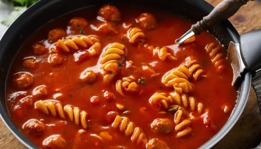 Gęsty, pomidorowy sos do potrawki z klopsikami i makaronem fusilli w czarnej patelni.