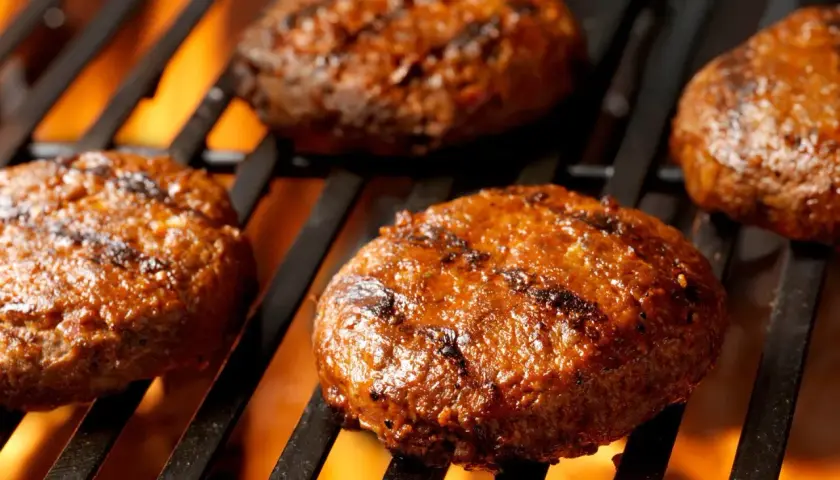Soczyste burgery z grilla pieką się na rozżarzonych węglach, tworząc apetyczne paski.