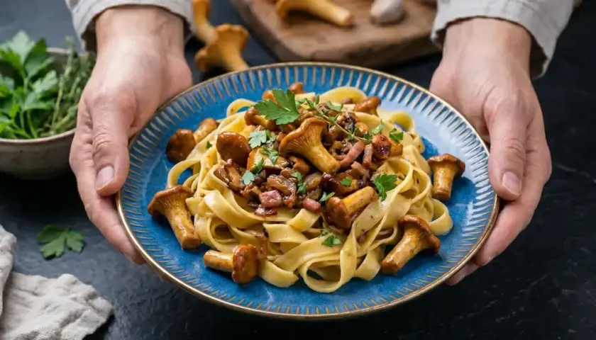 Pyszny makaron tagliatelle z kurkami i kawałkami boczku, udekorowany natką pietruszki. Danie podane na niebieskim talerzu.