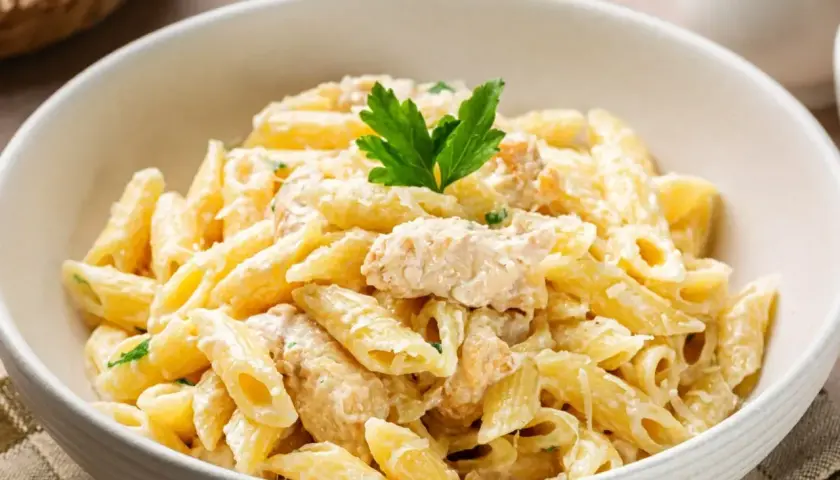 Penne z kurczakiem w kremowym sosie, udekorowane natką pietruszki. Pyszne danie, które zadowoli każdego miłośnika włoskich smaków.