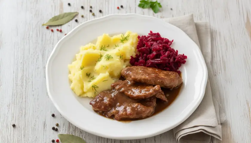 Bitki wieprzowe w sosie własnym z cebulką, podane z purée ziemniaczanym i buraczkami. Pyszny, domowy obiad.