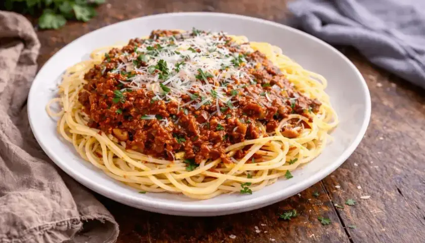 Pyszny sos do spaghetti przepis na talerzu, posypany parmezanem i natką pietruszki. Idealny na szybki obiad.