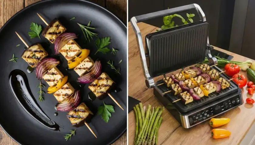 Pyszne warzywa na grilla: szaszłyki z bakłażana, tofu, cebuli i papryki, gotowe do podania lub w trakcie grillowania.
