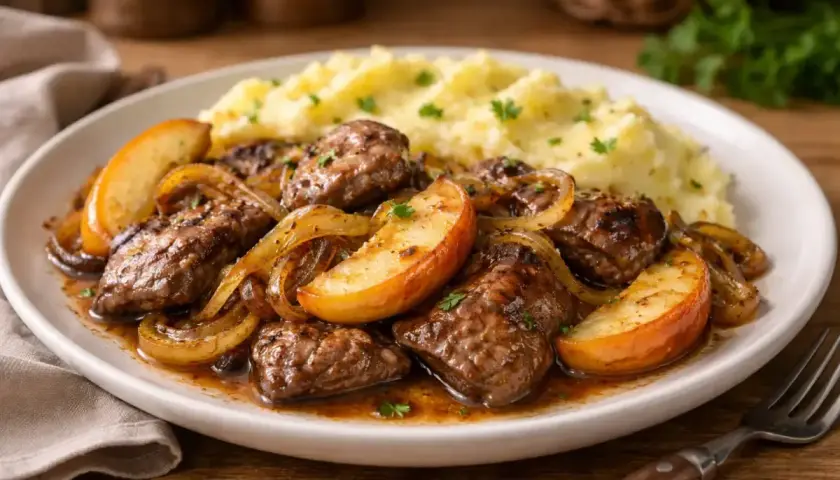 Pyszna wątróbka z jabłkiem i cebulką, podana z purée ziemniaczanym. Danie posypane natką pietruszki.