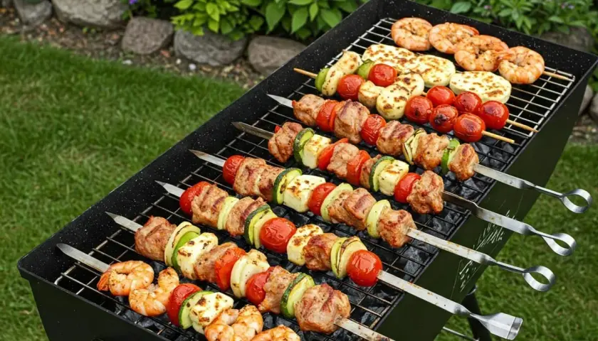 Grill pełen nietypowych dań z grilla: krewetki, ser halloumi, mięso i warzywa na szaszłykach.
