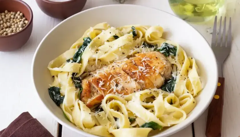 Pyszny makaron z kurczakiem i szpinakiem, posypany parmezanem. Idealny na szybki obiad.