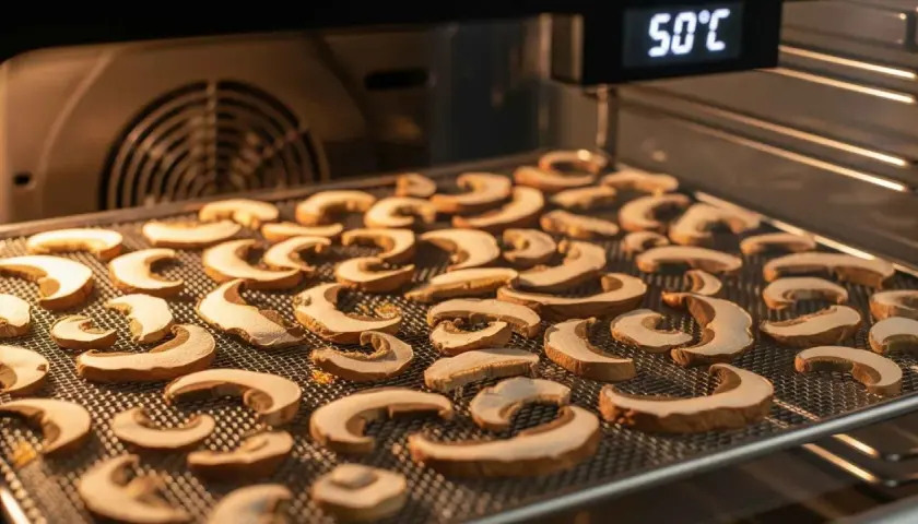 Suszone grzyby na siatce w piekarniku. Cyfrowy wyświetlacz pokazuje 50°C, co sugeruje idealną temperaturę, w jakiej suszyć grzyby, by zachowały aromat.