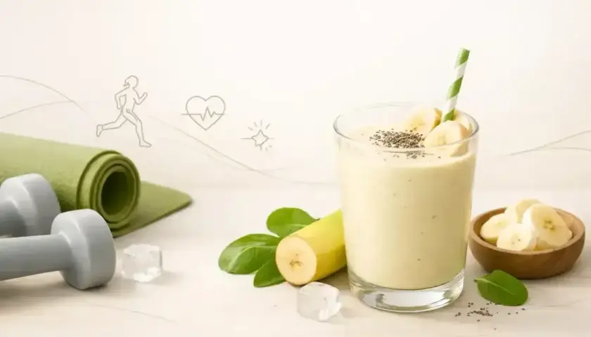 Idealny koktajl bananowy po treningu. Obok leżą hantle i mata do ćwiczeń.
