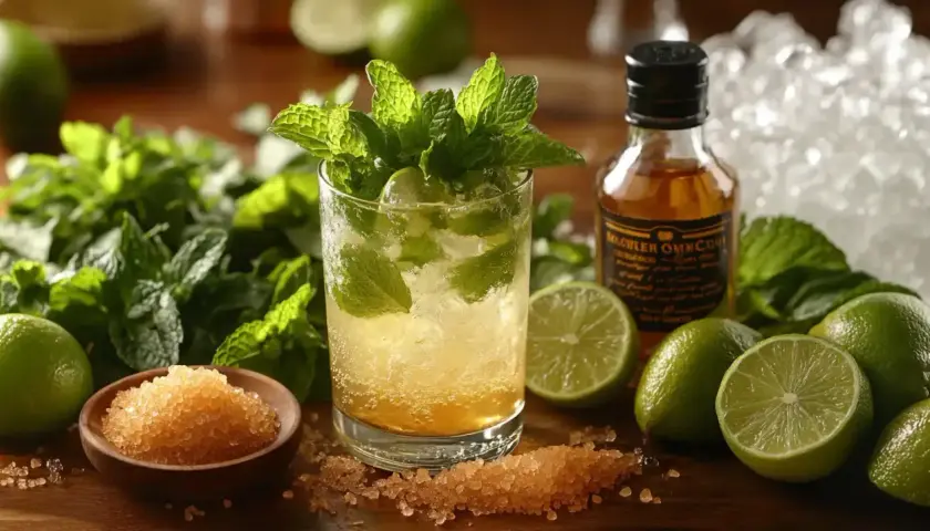 Orzeźwiający mojito z miętą, limonką i cukrem. Obok buteleczka rumu i lód.