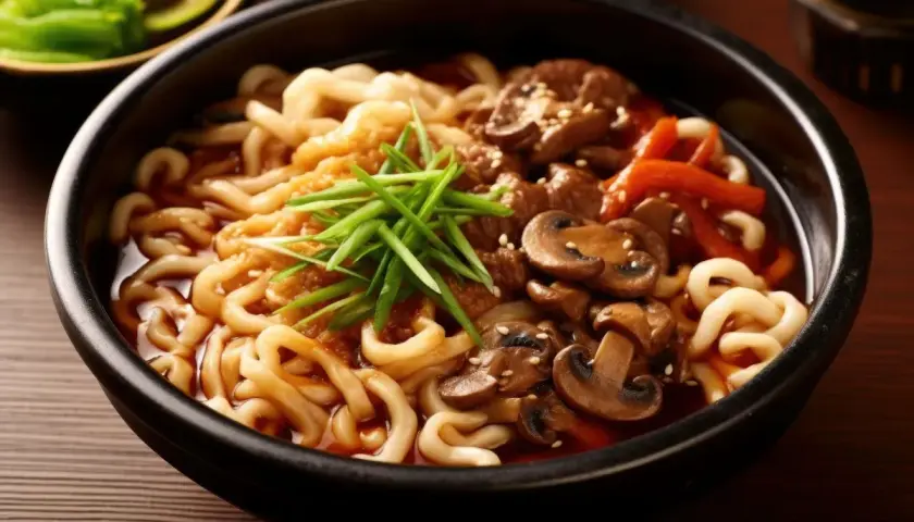 Pyszny makaron udon z wołowiną, grzybami i szczypiorkiem. Idealny przepis na szybki obiad.