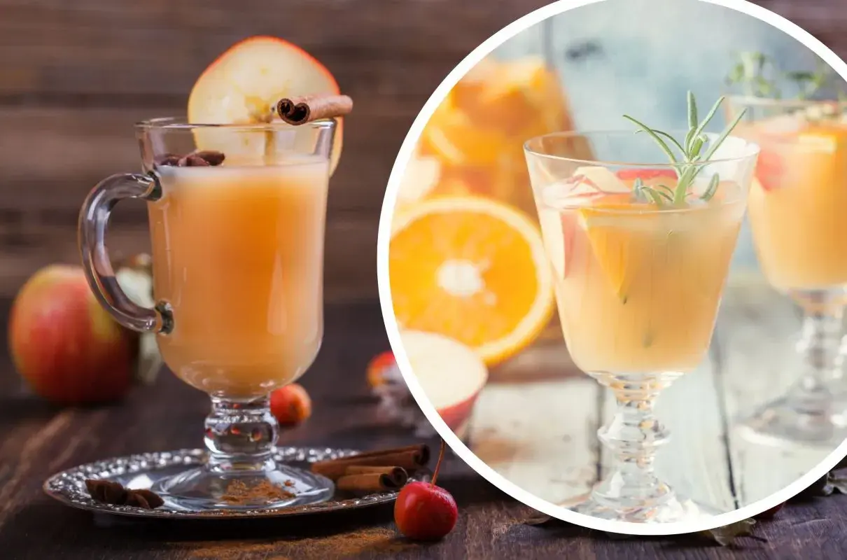 Orzeźwiający mocktail z jabłek i pomarańczy, ozdobiony cynamonem i rozmarynem, idealny na jesienne popołudnie.